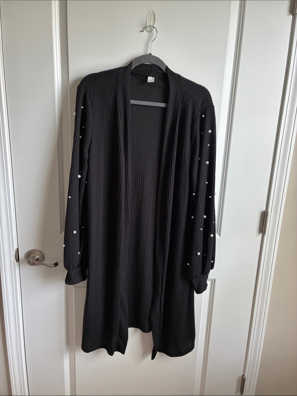 Amazon Black Open-Front Cardigan with Pearl Sleeve Accents